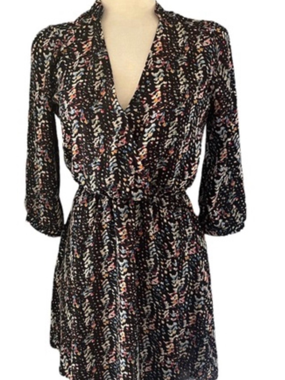 Lush mini cross over v neck Black Multi-Print V-Neck Elastic-Waist Dress Sz M